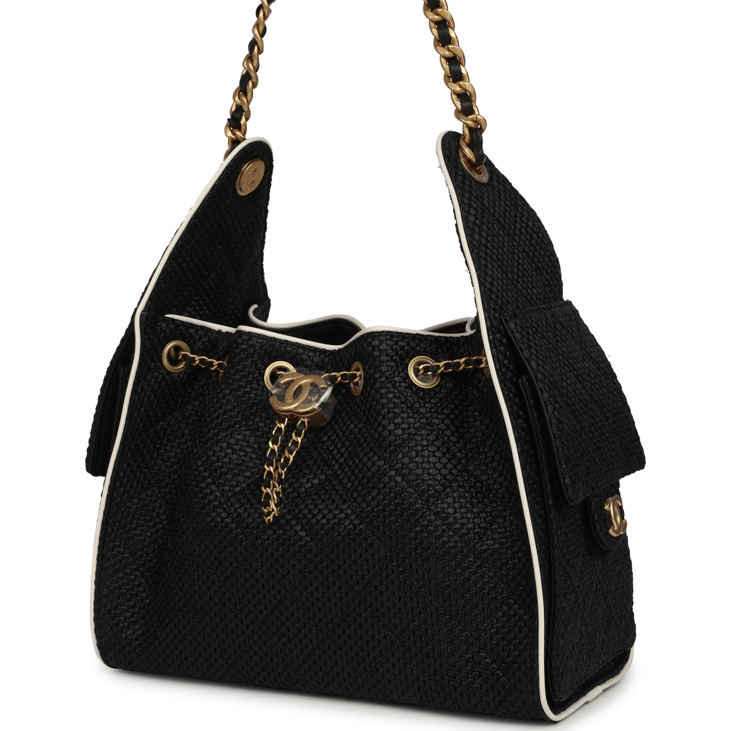 Chanel Small 25 Hobo Bag Black Raffia and White Calfskin Antique Gold Hardware