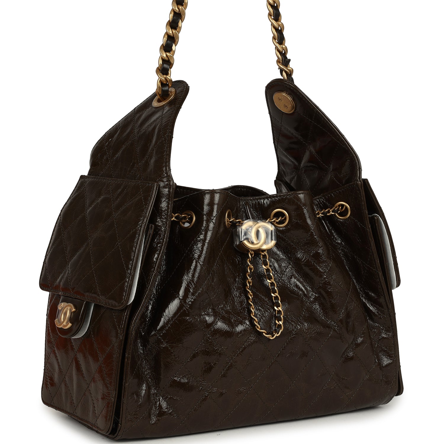 Chanel Small 25 Hobo Bag Khaki Shiny Aged Crumpled Calfskin Antique Gold Hardware