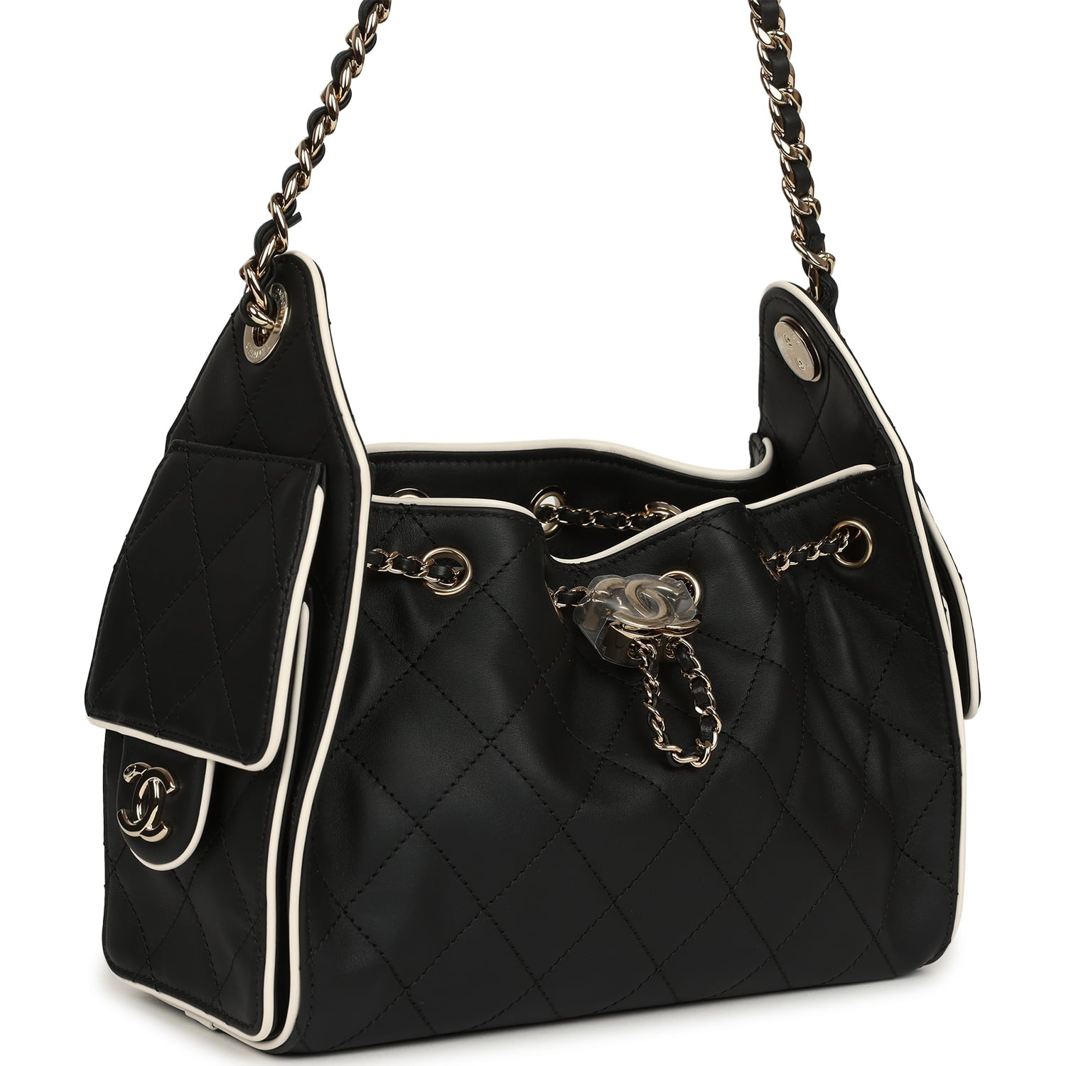Chanel Mini 25 Hobo Bag Black and White Calfskin Light Gold Hardware
