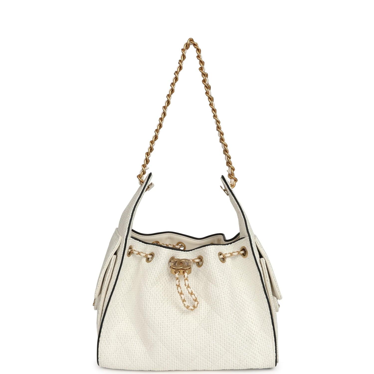 Chanel Small 25 Hobo Bag White Raffia and Black Calfskin Antique Gold Hardware