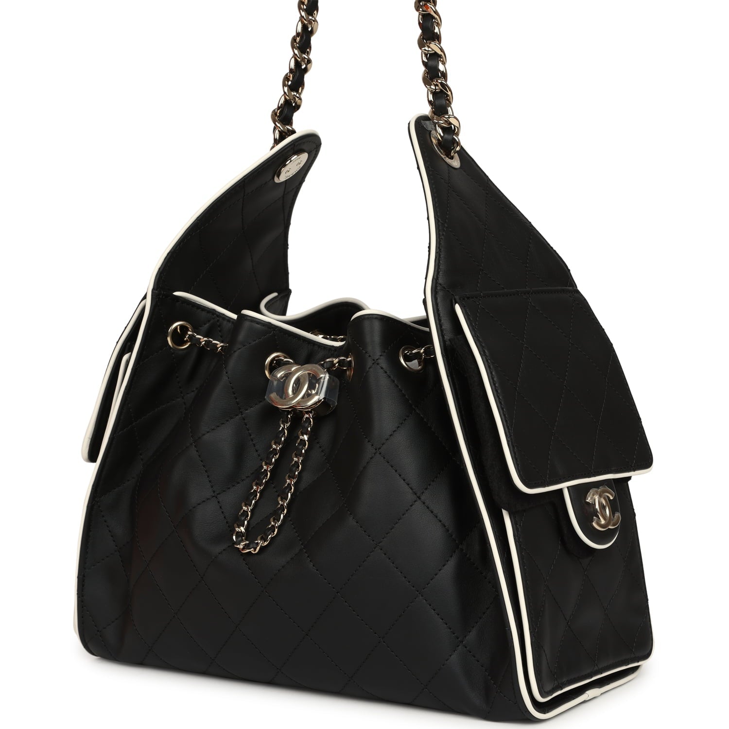 Chanel Small 25 Hobo Bag Black and White Calfskin Light Gold Hardware