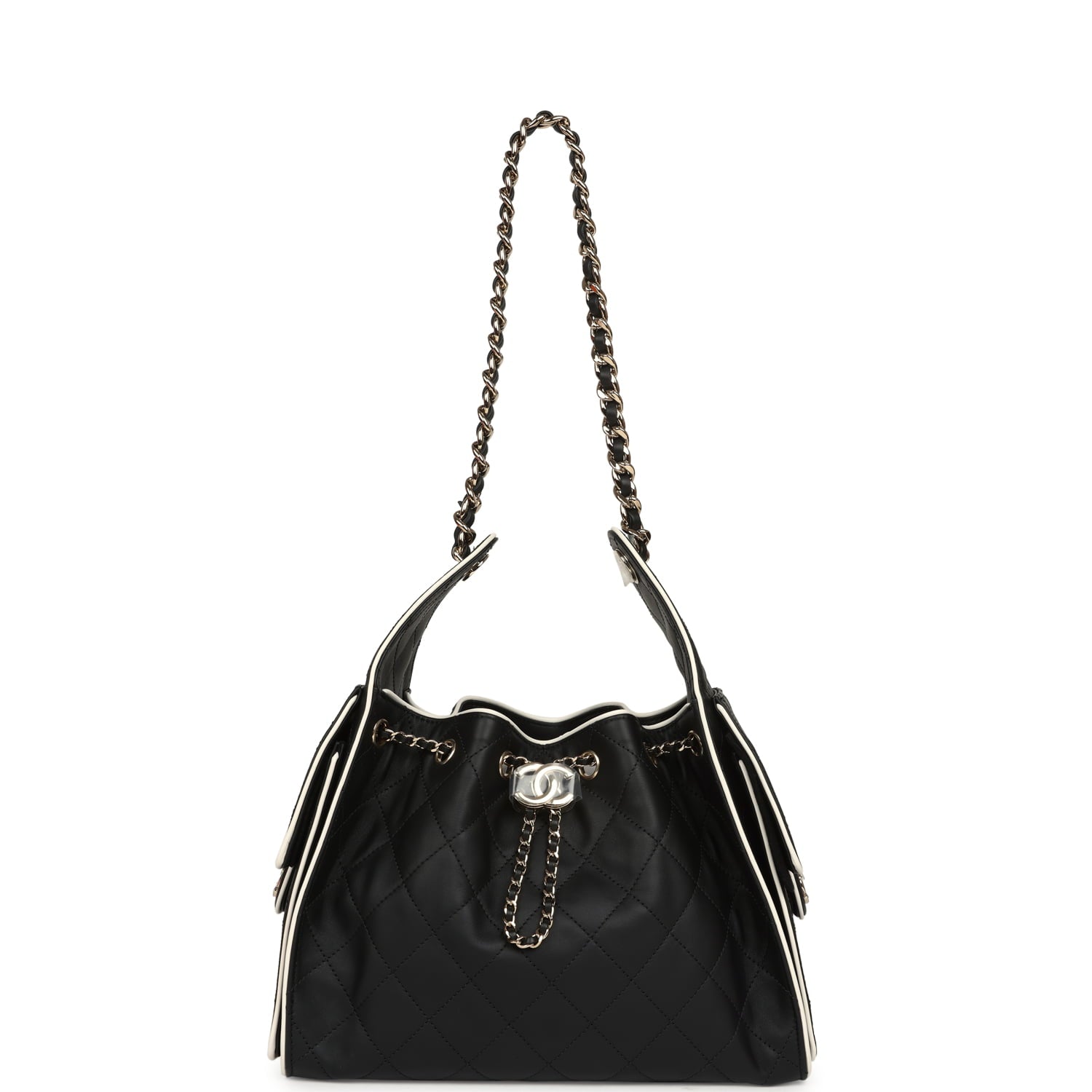 Chanel Small 25 Hobo Bag Black and White Calfskin Light Gold Hardware