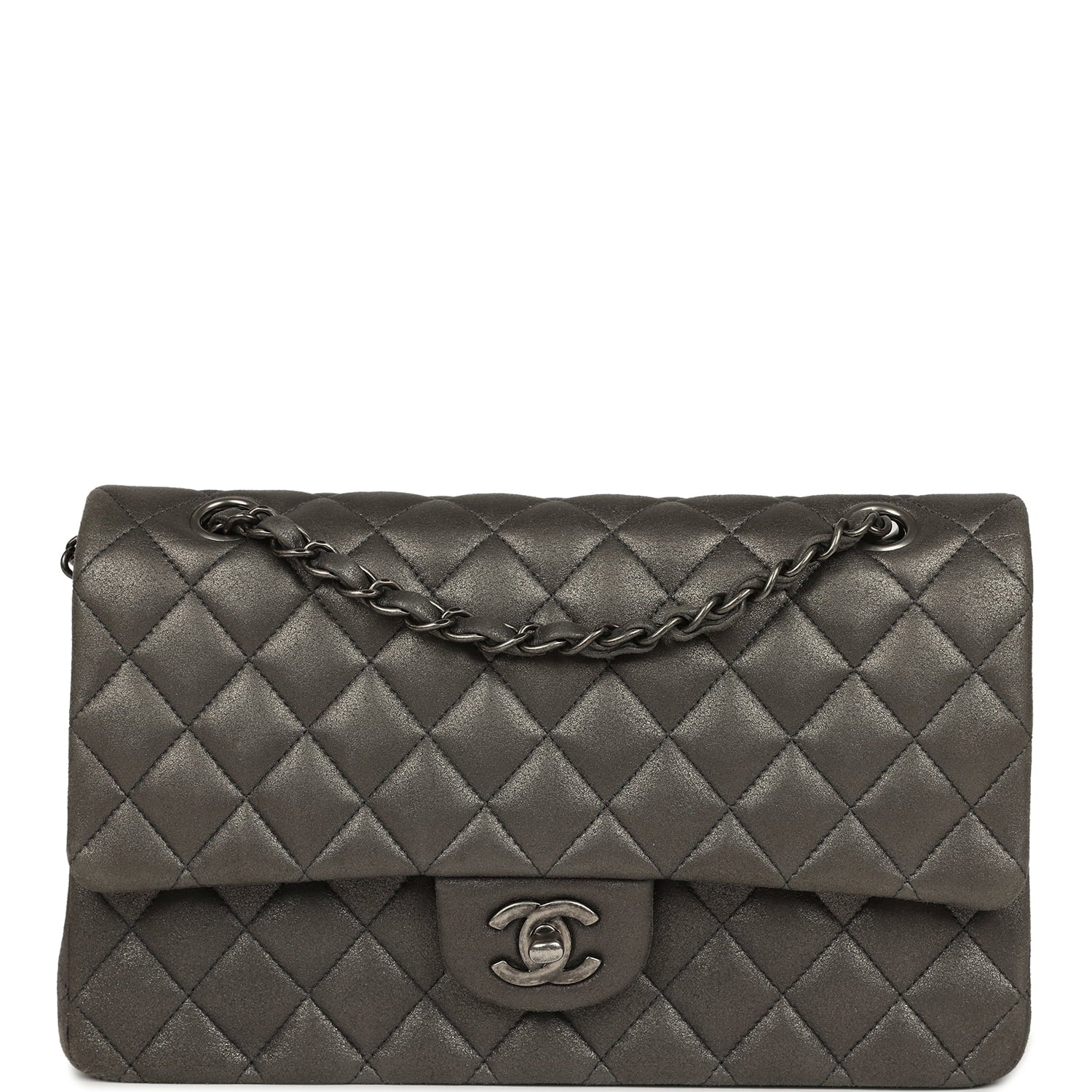 Pre-owned Chanel Medium Classic Double Flap Bag Charcoal Metallic Goatskin Aged Ruthenium Hardware