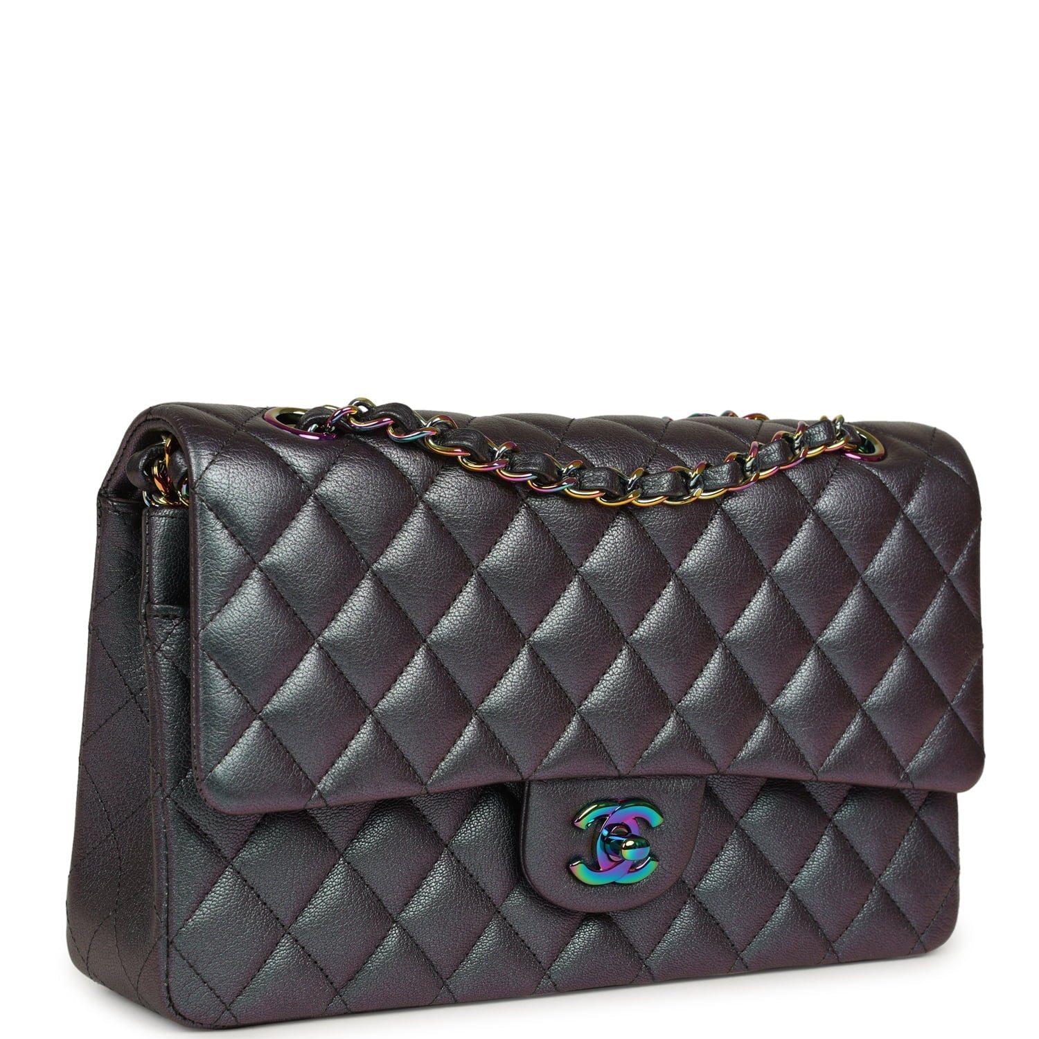 Pre-owned Chanel Medium Classic Double Flap Bag Iridescent Purple Goatskin Rainbow Hardware