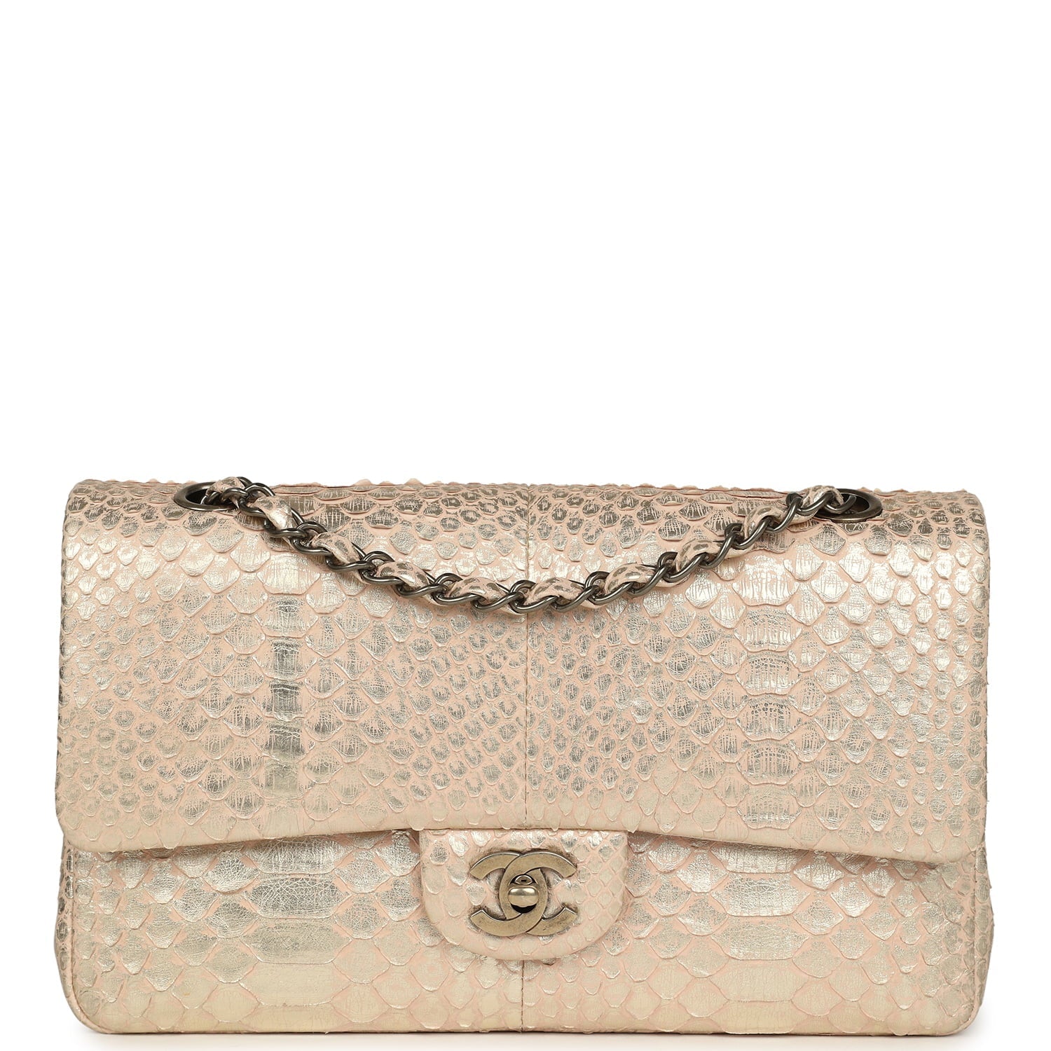 Pre-owned Chanel Medium Classic Double Flap Bag Light Pink, Silver Python Aged Bronze Hardware