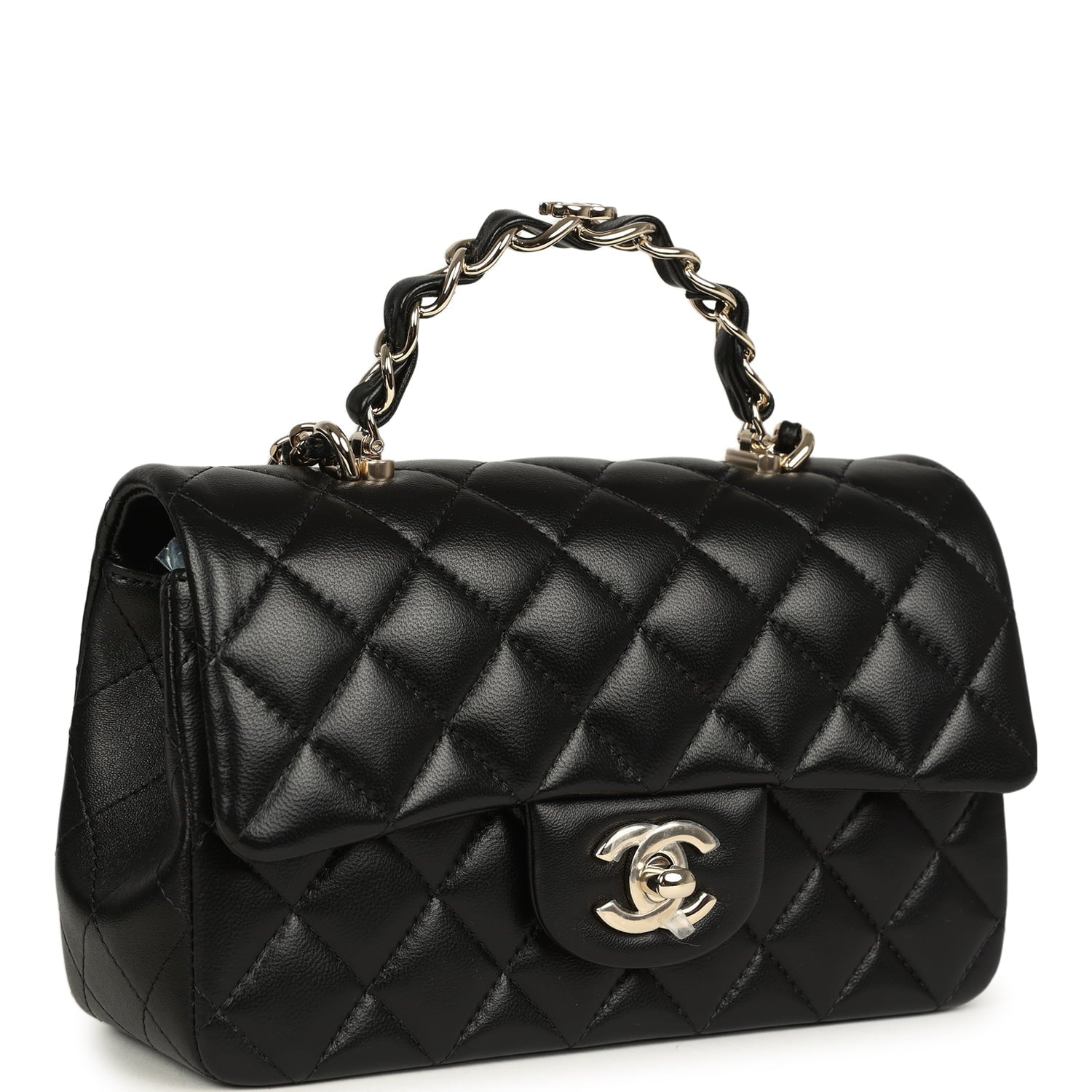 Chanel Mini Classic Rectangular Top Handle Flap Bag Black Lambskin Light Gold Hardware