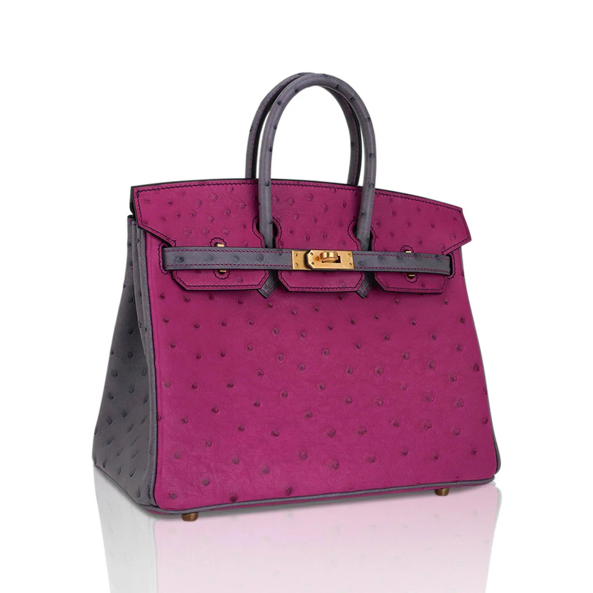 Birkin HSS 25 Bag Rose Pourpre and Gris Agate Ostrich with Gold Hardware
